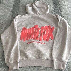 White Fox Boutique Light Gray Hoodie with Vibrant Red Logo